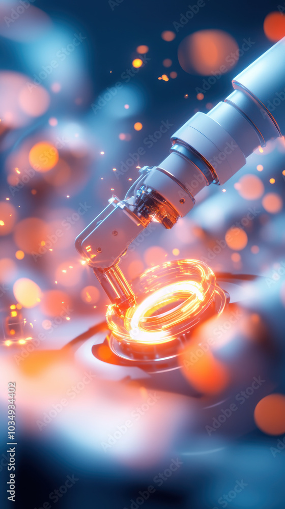 Poster robotic arm is skillfully manipulating glowing circular object, surrounded by vibrant sparks and lig