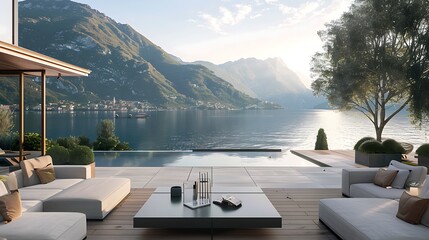 A lakefront terrace backed by mountain