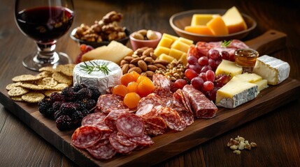 A beautifully arranged charcuterie board featuring an assortment of cured meats, cheeses, fresh fruits