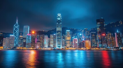 Fototapeta premium Vibrant Night Cityscape of Hong Kong Skyline