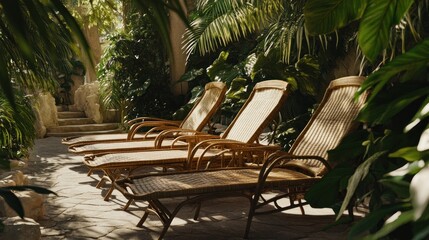 Obraz premium Relaxing Loungers in a Lush Tropical Garden