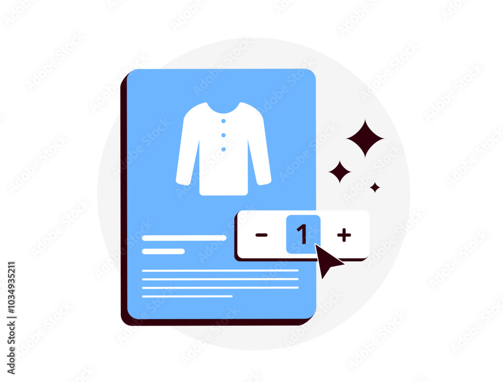 Poster e-commerce interface with product image and quantity adjustment feature. online shopping, product se