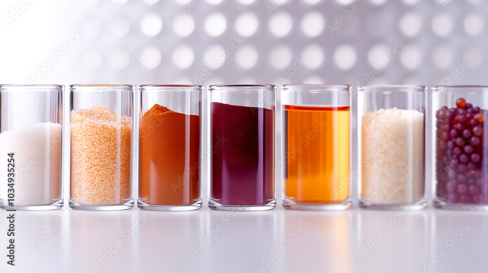 Poster various spices, powders, and liquids are arranged in transparent containers. they sit neatly in a ro