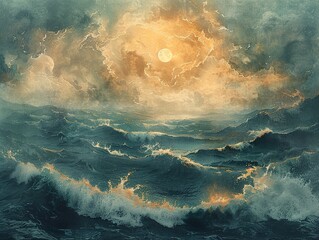 Dramatic Ocean Seascape with Two Moons and Golden Clouds