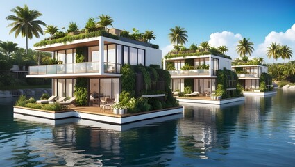 Futuristic Floating Eco Friendly Homes on a Tranquil Lake with Modern Architecture and Greenery