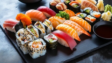 A beautifully arranged sushi platter with various types of sushi and sashimi, served on a black slate, Sushi platter centered
