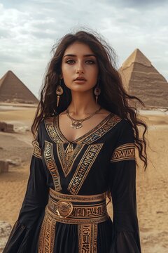 A woman in an Egyptian galabeya dress, standing in front of ancient pyramids
