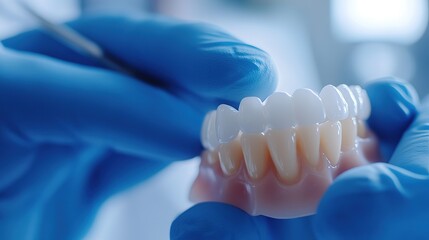 Dentist holding complete dentures in gloved hands