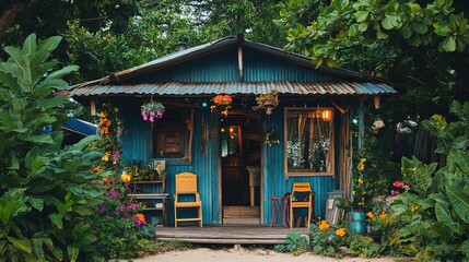 Obraz premium Charming Blue Cottage Surrounded by Lush Greenery