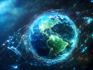 Obraz premium Quantum Entangled Parallel Earths Connected by Digital Internet Network