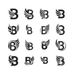 Alphabet Letter B with Wing Shape Silhouette Vector Logo Icon Set Collection