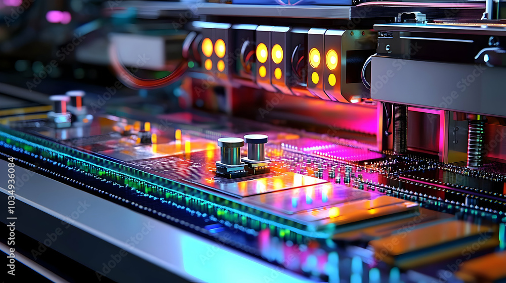 Poster exploring the intricate world of electronics: a close-up look at circuit boards and components