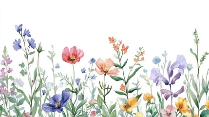 Fototapeta premium Watercolor illustration featuring a floral background with wildflowers ideal for a wedding bouquet designed as a border element isolated on white