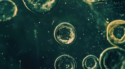 Naklejka premium Ancient microbes under microscope reveal intricate cellular structures, showcasing their mysterious and ancient nature, ideal for scientific and educational content.