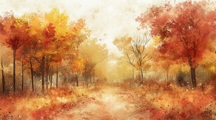 Fototapeta premium Autumn pathway Digital watercolor illustration capturing the essence of the season and its natural beauty