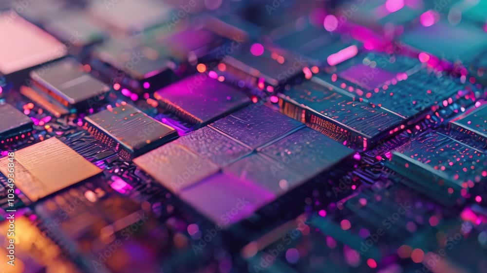 Poster close-up of computer processor chip, close-up view of a silicon chip on a microchip wafer