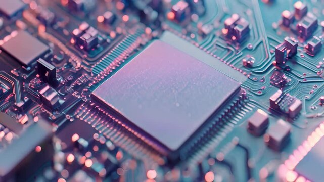 The Videograph showcases a detailed view of a computer circuit board, highlighting its intricate components and pathways, Close-up view of a silicon chip on a microchip wafer
