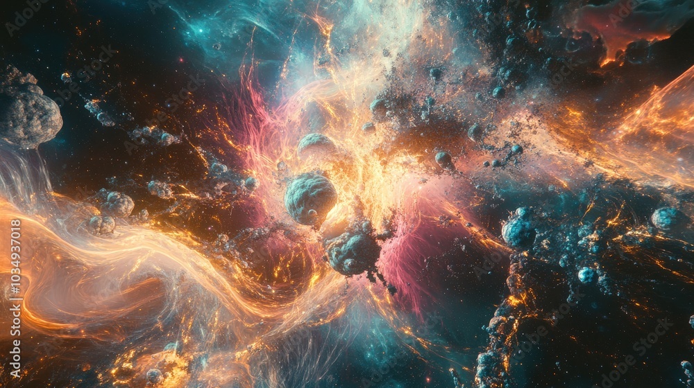 Poster surreal neural network pulsating with cosmic energy and abstract elements creating an enigmatic atmo