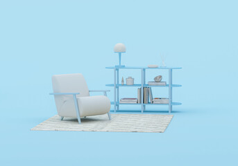 Minimal armchair, carpet, home decor and shelf book on pastel blue background. 3d rendering, store and bedroom concept	