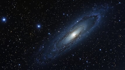 Naklejka premium Stunning night sky featuring numerous stars with the Andromeda galaxy in view Captured through a long exposure stacked photography technique