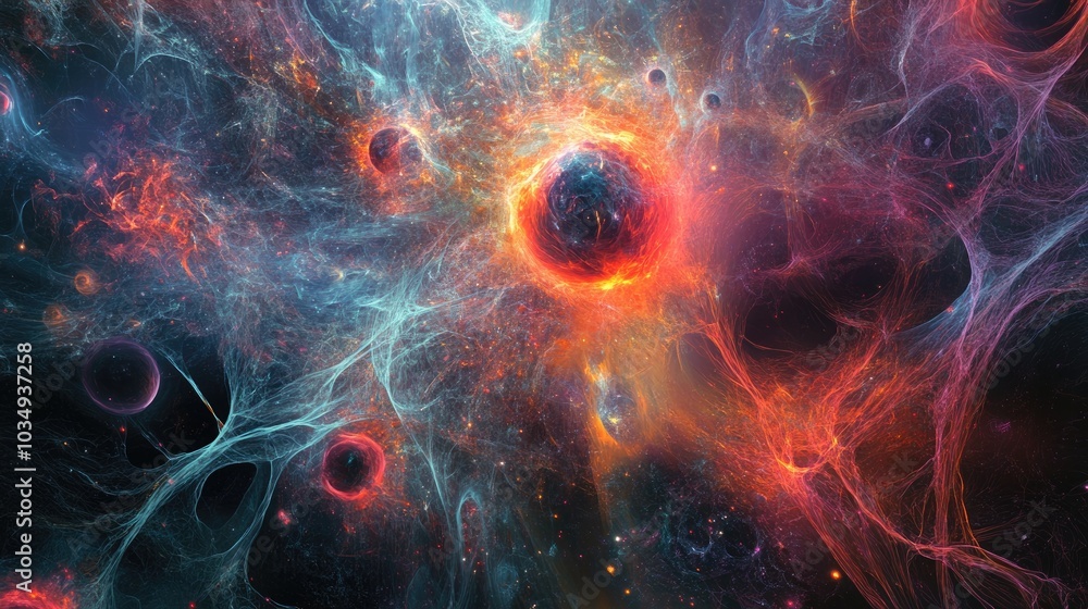 Poster surreal neural network pulsating with cosmic energy and abstract elements creating an enigmatic atmo
