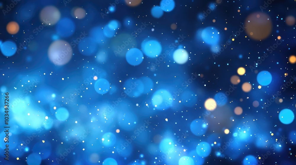 Poster Vibrant blue bokeh lights with an abstract background featuring floating particles or dust creating a unique special effect illustration