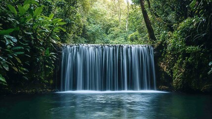 Serene Waterfall in Lush Green Jungle Landscape