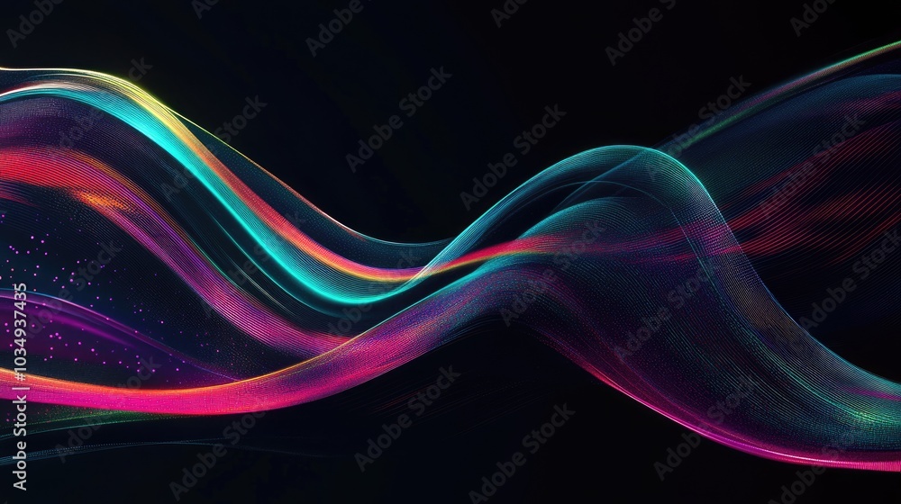 Poster abstract neon lines in a dark environment featuring vibrant energy movements against a black backdro