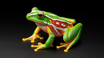 Fototapeta premium A vivid green tree frog with striking red markings and bright yellow toes is poised against a black backdrop. 