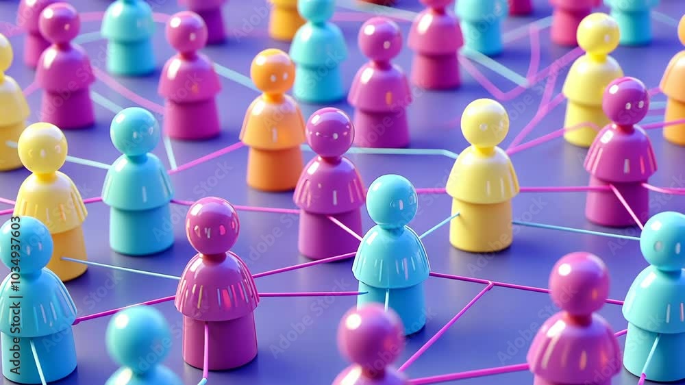 Poster colorful figures are connected by strings on a purple background