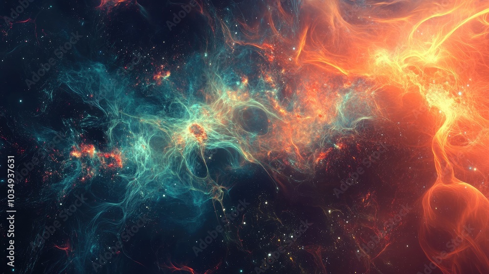 Poster surreal neural network pulsating with cosmic energy and abstract elements creating an enigmatic atmo