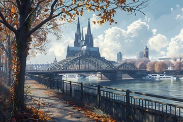 Serene Autumn View of Cologne Cathedral and Bridge by the River