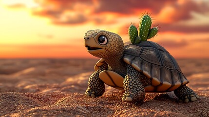 Cute Cartoon Tortoise with Cactus on Shell at Sunset