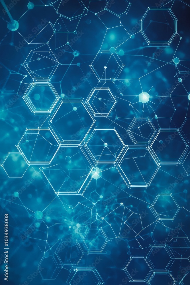 Poster abstract blue background featuring interconnected hexagonal structures with bright nodes representin