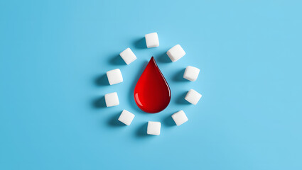 World diabetes day, 14 november, awareness banner with red blood drop and sugar cubes. concept with copy space on blue background