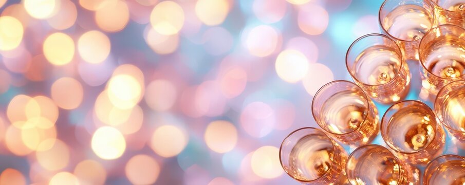 Elegant tower of sparkling champagne glasses illuminated by vibrant party lights at a festive celebration.