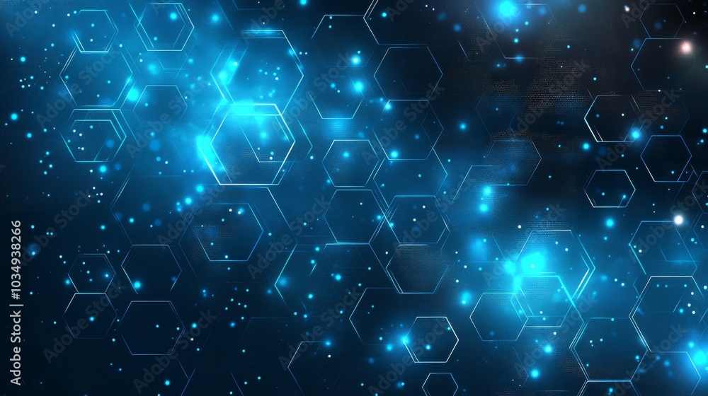 Poster abstract blue hexagonal pattern with glowing light against a dark background showcasing modern digit