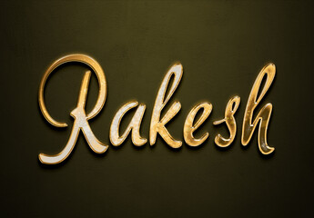 Old gold text effect of Hindi name Rakesh with 3D glossy style Mockup.