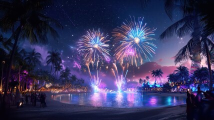 Spectators enjoying a dazzling fireworks display over the ocean during a vibrant festive celebration.
