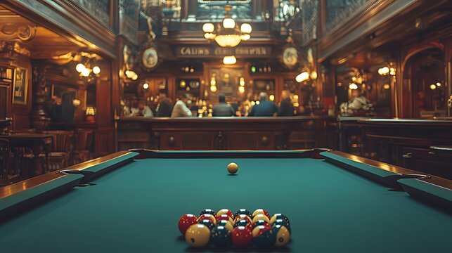 A green pool table with balls set up for a game sits in the foreground of a dimly lit pub with a bar in the background.
