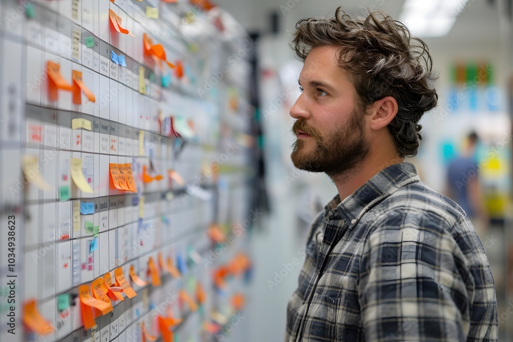 Poster focused professional analyzing project management board with colorful sticky notes