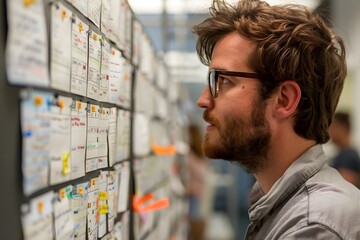 Focused Individual Analyzing Project Notes on a Wall