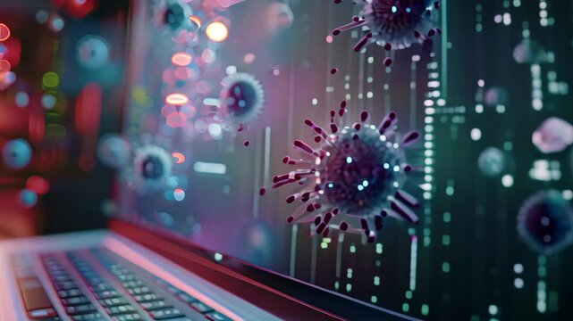 A laptop computer with a multitude of germs on the screen, showcasing potential health hazards, Computer virus being stopped by antivirus software