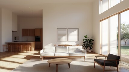 Fototapeta premium Bright and airy living room featuring sleek modern furniture and abundant natural light for a stylish ambiance.