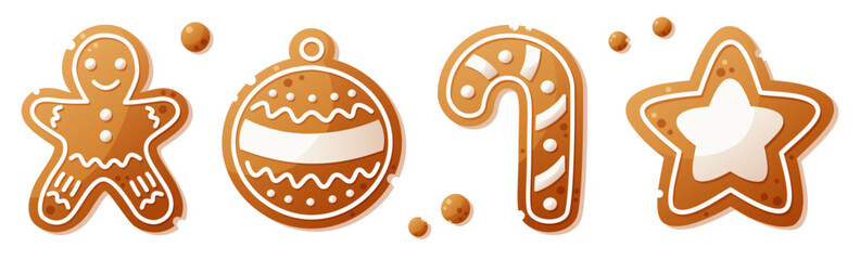 A large set of gingerbread cookies of different shapes. Gingerbread man, Christmas tree ball, Christmas candy, star. Christmas gingerbread, New Year cookies decorated with white icing.