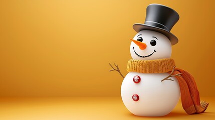 Cute Snowman with Top Hat and Scarf on Yellow Background