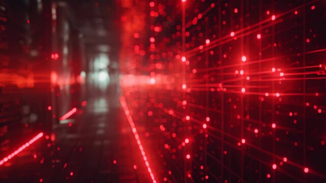 A dimly lit hallway adorned with red and blue lights casting striking hues throughout the space, Conceptual depiction of darknet or deep web