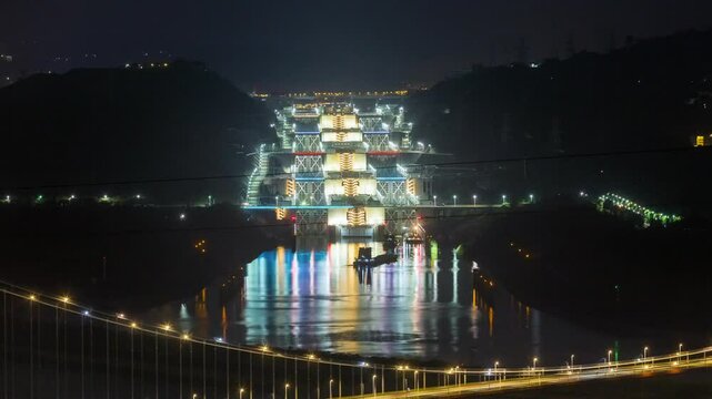 time lapse of the double track five level ship lock of the Three Gorges Dam at night, Yichang city, Hubei province, China