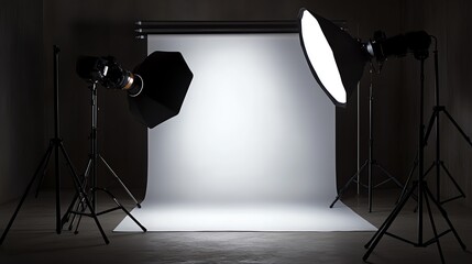 Photography studio with lights and backdrop