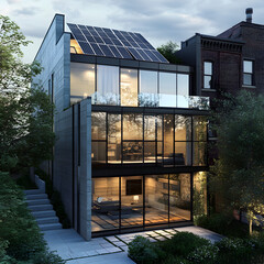 Modern house with solar panels, evening lights
